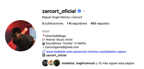 Perfil de Instagram verificado de Zarcort