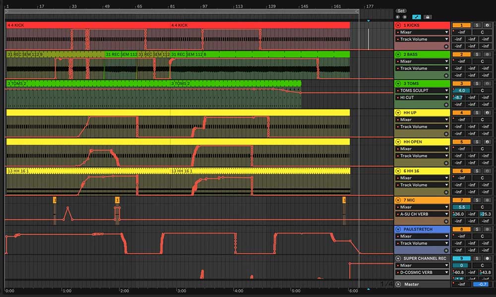 Pantalla de Ableton Live mostrando automatizaciones y efectos creativos usados en producción musical