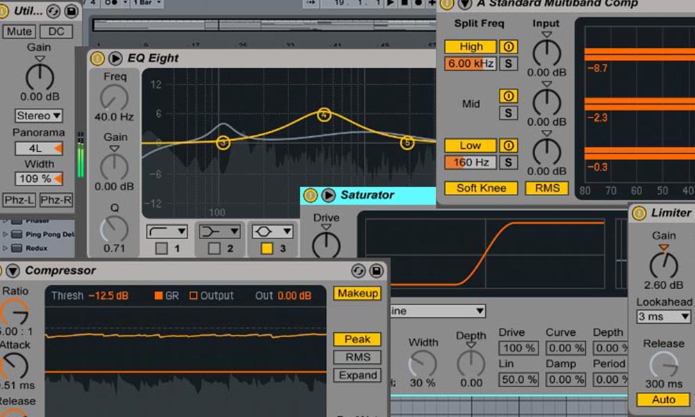 Cadena de mastering en un DAW con compresores, ecualizadores y limitadores activos