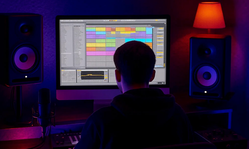 Beatmaker trabajando en la mezcla del 808 con compresión, saturación y sidechain para reforzar el low-end