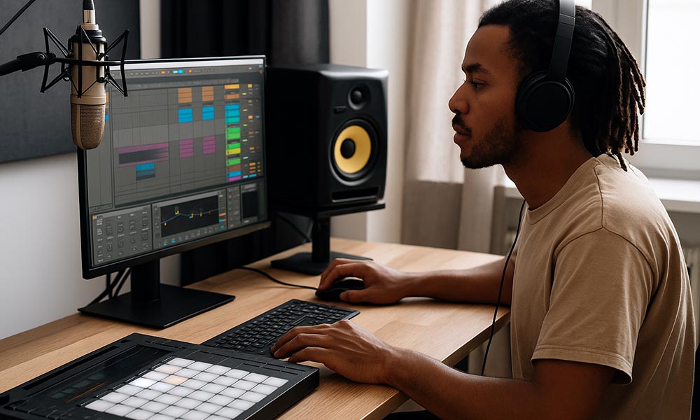 Productor manipulando un fragmento de audio con efectos y chops para crear un beat original